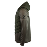 Side view of the Canterbury Ireland 25/26 Hybrid Padded Jacket with Vodafone sleeve logo, featuring quilted ThermoReg heat retention on the upper body and plain water-resistant fabric on sleeves and lower body.