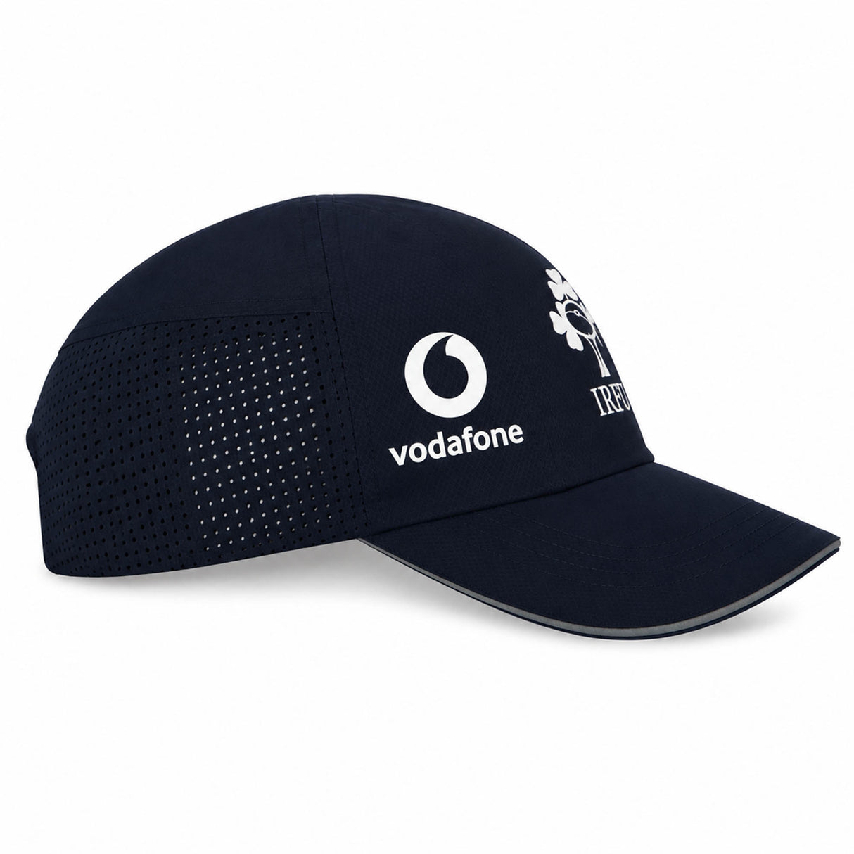 Ireland 26 Tempo+ Mesh Cap by Canterbury in navy blue, featuring a white Vodafone logo, “IRE” text, perforated mesh side panels, and a curved brim.