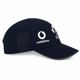 Ireland 26 Tempo+ Mesh Cap by Canterbury in navy blue, featuring a white Vodafone logo, “IRE” text, perforated mesh side panels, and a curved brim.