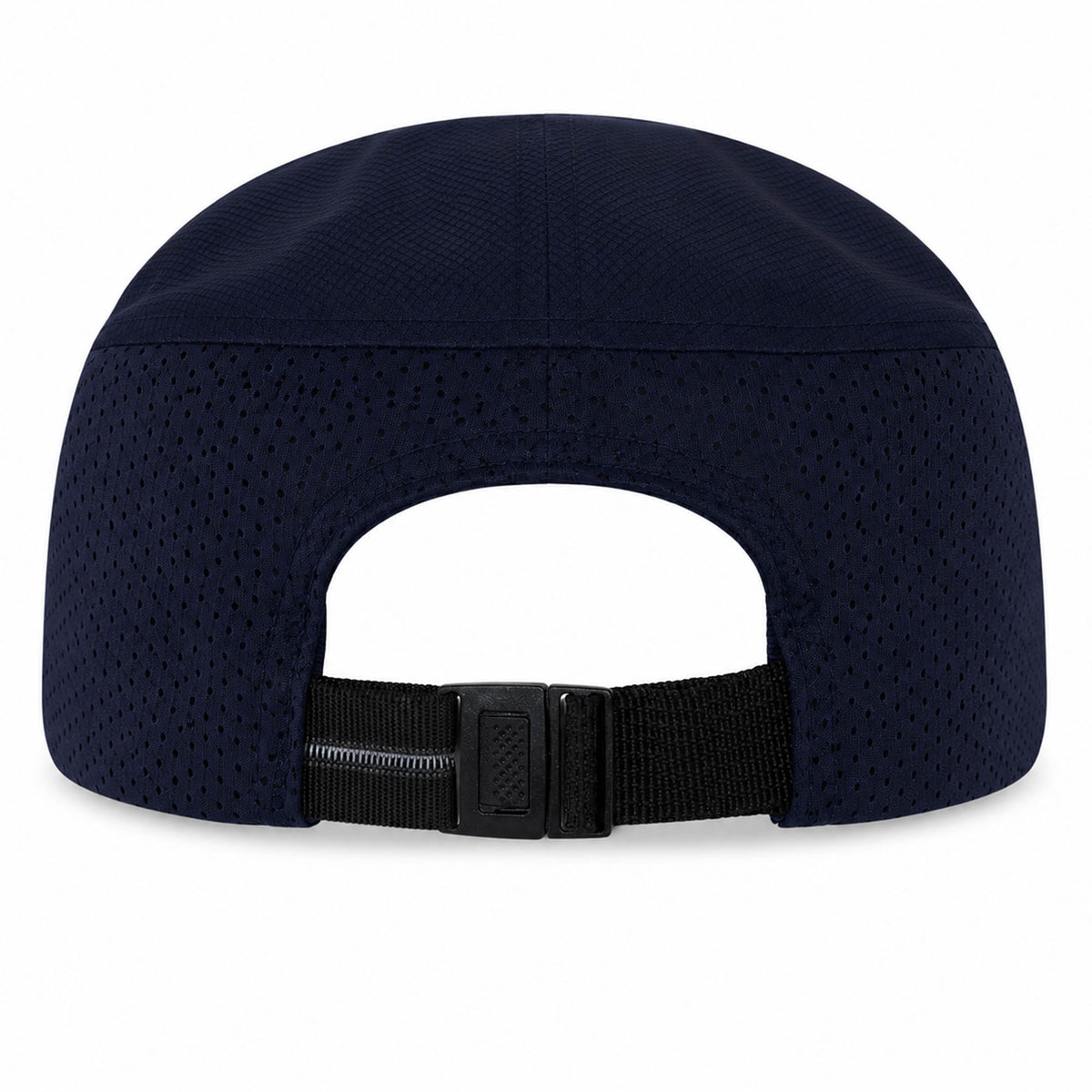 Back view of the Ireland 26 Tempo+ Mesh Cap by Canterbury in navy blue, featuring an adjustable black strap and buckle closure.