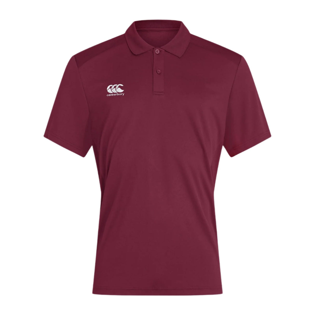 The Canterbury Club Dry Polo is maroon, short-sleeved with a collared design and three buttons. It has a white logo on the right chest and incorporates Vapodri Technology for improved breathability.