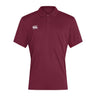 The Canterbury Club Dry Polo is maroon, short-sleeved with a collared design and three buttons. It has a white logo on the right chest and incorporates Vapodri Technology for improved breathability.