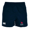 Black Rugby East Conference Professional Polyester Rugby Short by EMB Canterbury with an elasticated waistband, featuring the "Canterbury" logo on the left and "Rugby East" with a bird emblem on the right.