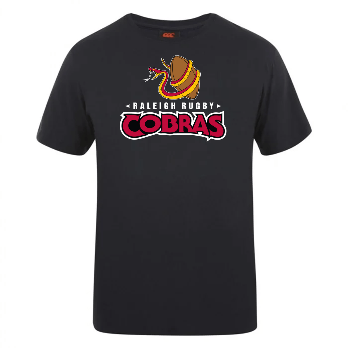 A Raleigh Cobras Rugby Club Plain Tee by Canterbury t-shirt with the word "cobras" on it.