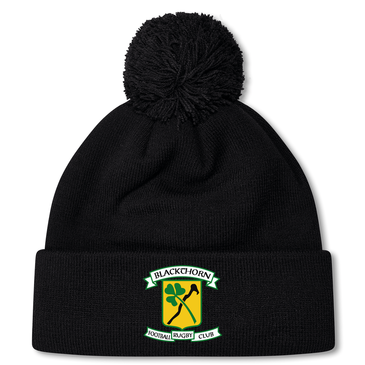 Black fleece-lined Blackthorn RFC Pom Pom beanie by EMB Canterbury with a pom-pom on top, featuring an embroidered CCC logo of the Canterbury Rugby club on the fold-over cuff.