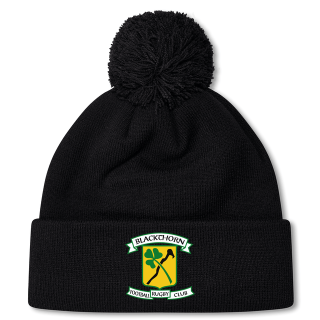 Black fleece-lined Blackthorn RFC Pom Pom beanie by EMB Canterbury with a pom-pom on top, featuring an embroidered CCC logo of the Canterbury Rugby club on the fold-over cuff.