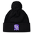 Black beanie with a pom-pom on top, featuring a purple and white emblem with a bulldog and the words "Lynoma State Rugby." This fleece-lined bobble hat ensures warmth and style, perfect for any Winona State University Pom Pom Beanie by EMB Canterbury enthusiast.