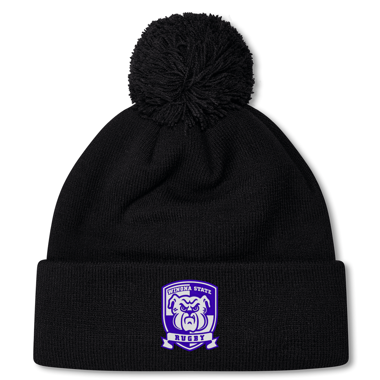 Black beanie with a pom-pom on top, featuring a purple and white emblem with a bulldog and the words "Lynoma State Rugby." This fleece-lined bobble hat ensures warmth and style, perfect for any Winona State University Pom Pom Beanie by EMB Canterbury enthusiast.
