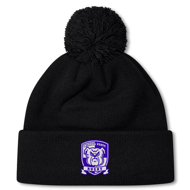 Black beanie with a pom-pom on top, featuring a purple and white emblem with a bulldog and the words "Lynoma State Rugby." This fleece-lined bobble hat ensures warmth and style, perfect for any Winona State University Pom Pom Beanie by EMB Canterbury enthusiast.