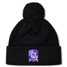 Black beanie with a pom-pom on top, featuring a purple and white emblem with a bulldog and the words "Lynoma State Rugby." This fleece-lined bobble hat ensures warmth and style, perfect for any Winona State University Pom Pom Beanie by EMB Canterbury enthusiast.
