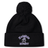 A black knit Ardrey Kell Rugby Pom Pom Beanie by Canterbury with a pom-pom on top. "Knights Rugby" and a knight's helmet are embroidered in white and purple on the folded cuff, making it perfect for Canterbury Rugby fans.