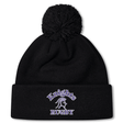 A black knit Ardrey Kell Rugby Pom Pom Beanie by Canterbury with a pom-pom on top. "Knights Rugby" and a knight's helmet are embroidered in white and purple on the folded cuff, making it perfect for Canterbury Rugby fans.