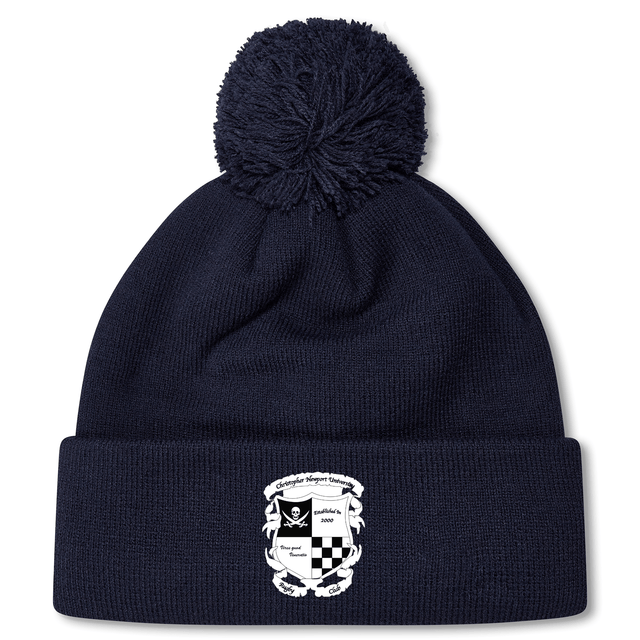 Navy blue rugby bobble hat with a pom-pom on top and an embroidered EMB Canterbury Rugby crest on the fold-over cuff.
