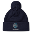 Navy blue knit beanie with a pom-pom on top, featuring the embroidered logo of a roaring gorilla and the text "Silverbacks Syracuse" on the front fold. This cozy fleece-lined Syracuse Silverbacks Pom Pom Beanie by Canterbury ensures warmth while showcasing your team pride.