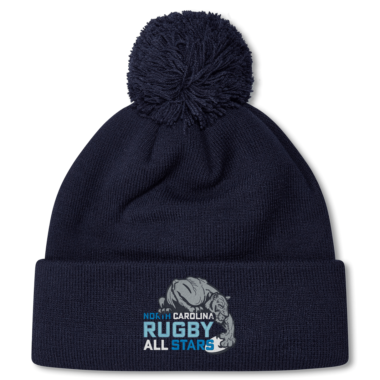 Navy blue NC All Stars Pom Pom Beanie with a pom-pom and "north carolina rugby all stars" logo embroidered on the cuff by EMB Canterbury.