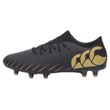 The Canterbury Speed Falcon Pro FG - Black features laces, a textured surface, and molded studs for traction—perfect for speed-focused players seeking firm-ground boots.