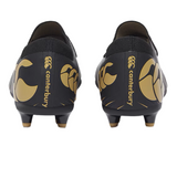 The Canterbury Speed Falcon Pro FG - Black rugby boots, shown from the back with Canterbury logos on the heels, are ideal for speed-focused players.