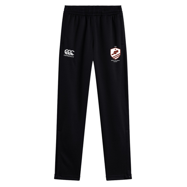 The West Potomac RFC Stretch Tapered Pant by EMB Canterbury features an elastic waistband, two embroidered logos, and quick-dry comfort—ideal men's workout pants for intense training.