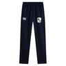 Navy blue athletic sweatpants with an elasticated waistband, featuring an EMB Canterbury logo on the left thigh and a rugby team emblem on the right thigh.
