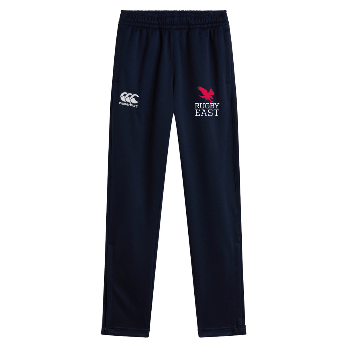 Navy blue Rugby East Conference Stretch Tapered Pant by Canterbury with a white EMB Canterbury logo and pink Rugby East logo on the front, perfect for your workout.