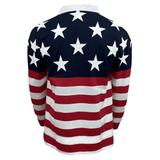Back view of the Canterbury USA Flag Heritage Long Sleeve Rugger showcasing the USA flag design, with white stars on a blue background at the top and red and white horizontal stripes below.