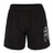The Women's Canterbury Tactic Short by Canterbury features black athletic performance fabric, an elastic waistband, and a bold white graphic on the left leg.