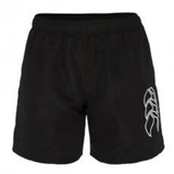 The Women's Canterbury Tactic Short by Canterbury features black athletic performance fabric, an elastic waistband, and a bold white graphic on the left leg.