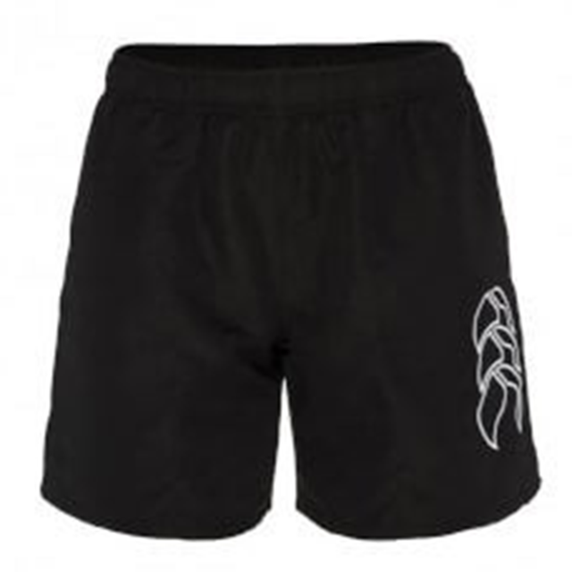 The Women's Canterbury Tactic Short by Canterbury features black athletic performance fabric, an elastic waistband, and a bold white graphic on the left leg.