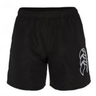 The Women's Canterbury Tactic Short by Canterbury features black athletic performance fabric, an elastic waistband, and a bold white graphic on the left leg.