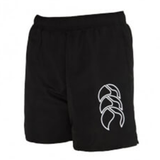 The Canterbury Women's Tactic Short is a black athletic performance short with an elastic waistband and a white abstract design on the left leg.