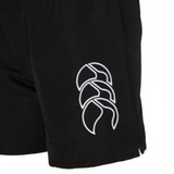 Close-up of Women's Canterbury Tactic Short in black, showcasing the white triple-leaf Canterbury logo on the side.