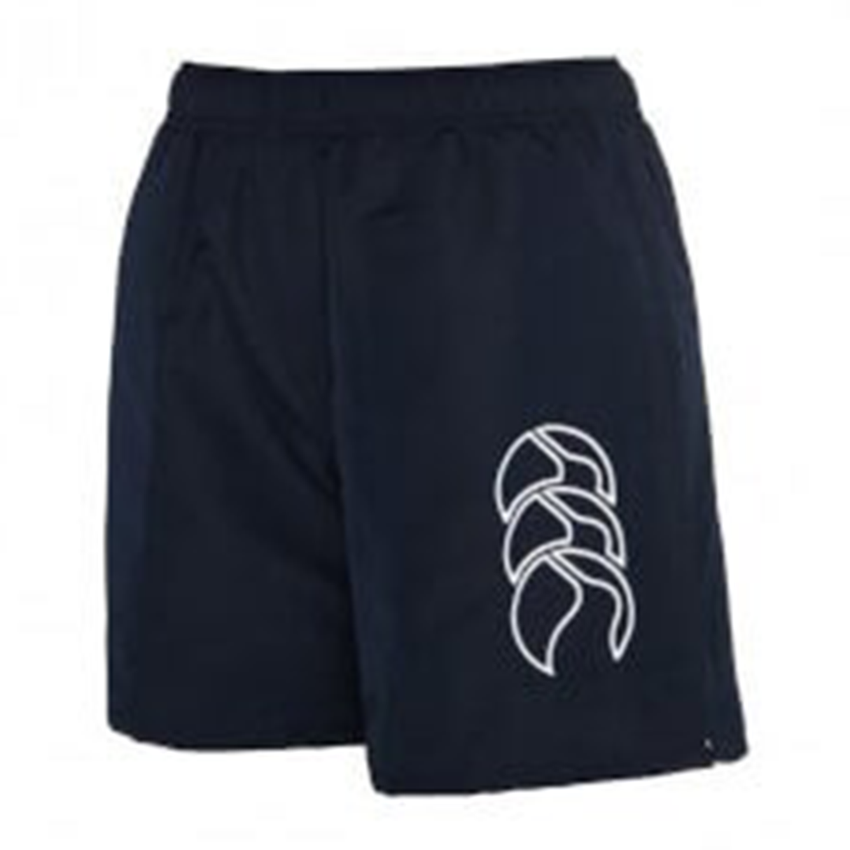 The Women's Canterbury Tactic Short by Canterbury is designed for athletic performance, featuring a navy blue color, elastic waistband, and a white abstract logo on the left leg.