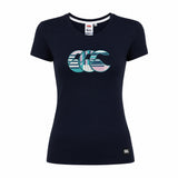 The Canterbury Women's Uglies Logo T-Shirt features short sleeves, a navy colorway, a vibrant multicolored "CCC" logo on the chest, and a small black logo patch near the hem—drawing inspiration from Canterbury's classic rugby shirt style.