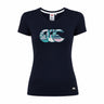 The Canterbury Women's Uglies Logo T-Shirt features short sleeves, a navy colorway, a vibrant multicolored "CCC" logo on the chest, and a small black logo patch near the hem—drawing inspiration from Canterbury's classic rugby shirt style.