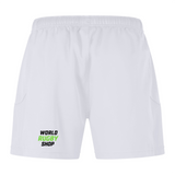 The OMBAC Rugby Advantage Short 2.0 by EMB Canterbury features an elastic waistband and OMBAC logo on the lower left leg, crafted with recycled content for eco-friendly performance.