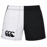The Canterbury Classics Harlequin Cotton Short by Canterbury features vertical black and white halves with a black logo on the white side—ideal training shorts for combining style and performance.