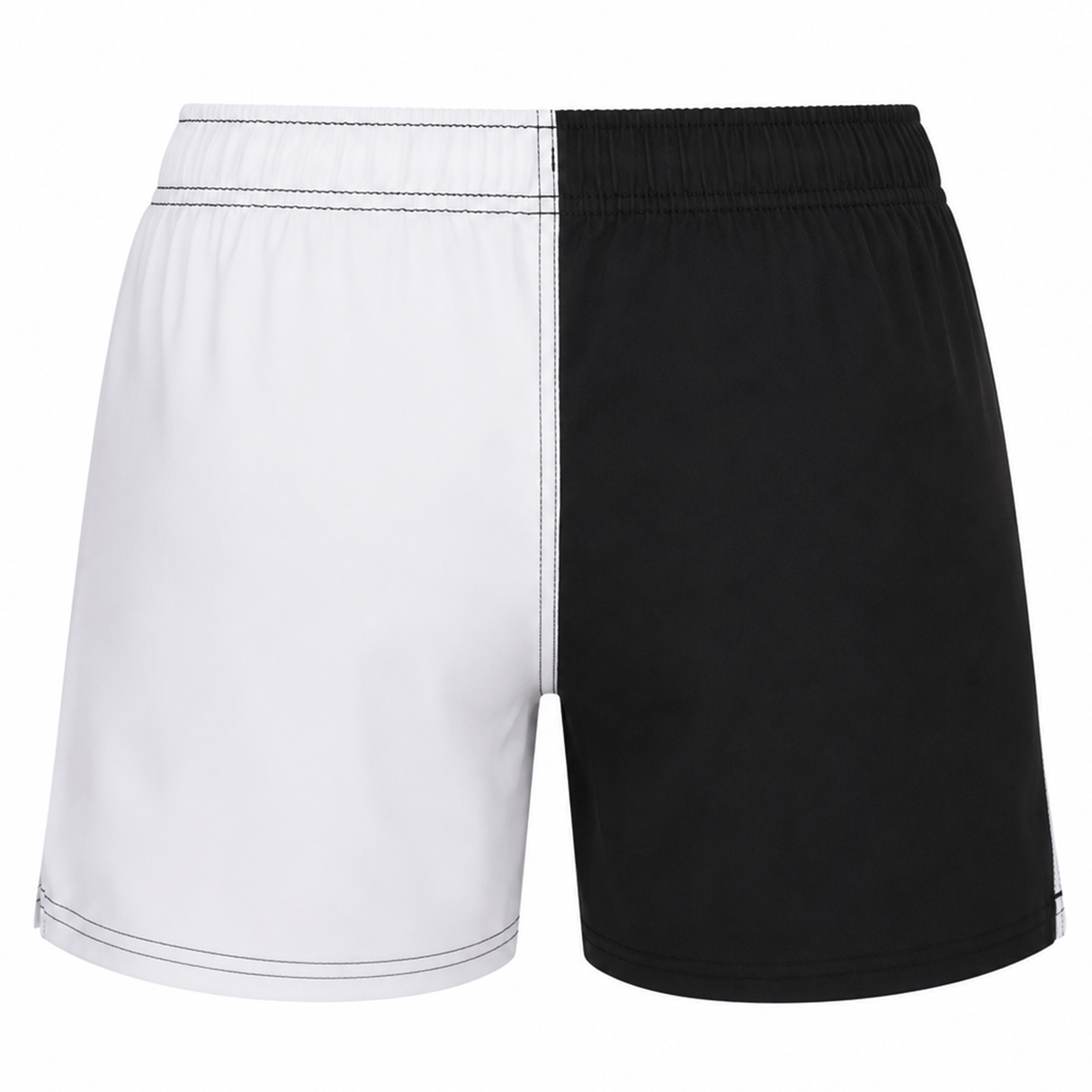 The Canterbury Classics Harlequin Cotton Short by Canterbury features a vertical split design with a white left side and black right side, both accented by visible stitching details, perfect for athletic training.