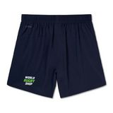 Navy blue OMBAC Rugby Elite Woven Short by EMB Canterbury features an elastic waistband, zippered pockets, and a green and white "World Rugby Shop" logo on the lower left leg—perfect for comfortable, convenient training.