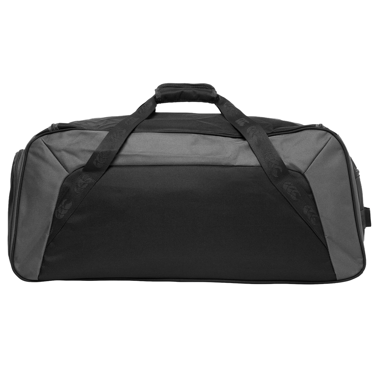 The Canterbury Holdall Duffle Bag by Canterbury is a black and gray water repellent bag with carrying handles and a zippered main compartment, ideal for rugby gear, displayed on a plain white background.