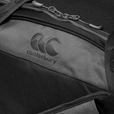 Close-up of the Canterbury Holdall Duffle Bag in black, showcasing the CCC logo and a partially open zip pocket, crafted from water-repellent material.
