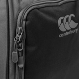 Close-up of a Canterbury Holdall Duffle Bag zipper with logo, highlighting its water-repellent finish—perfect for storing your rugby gear.