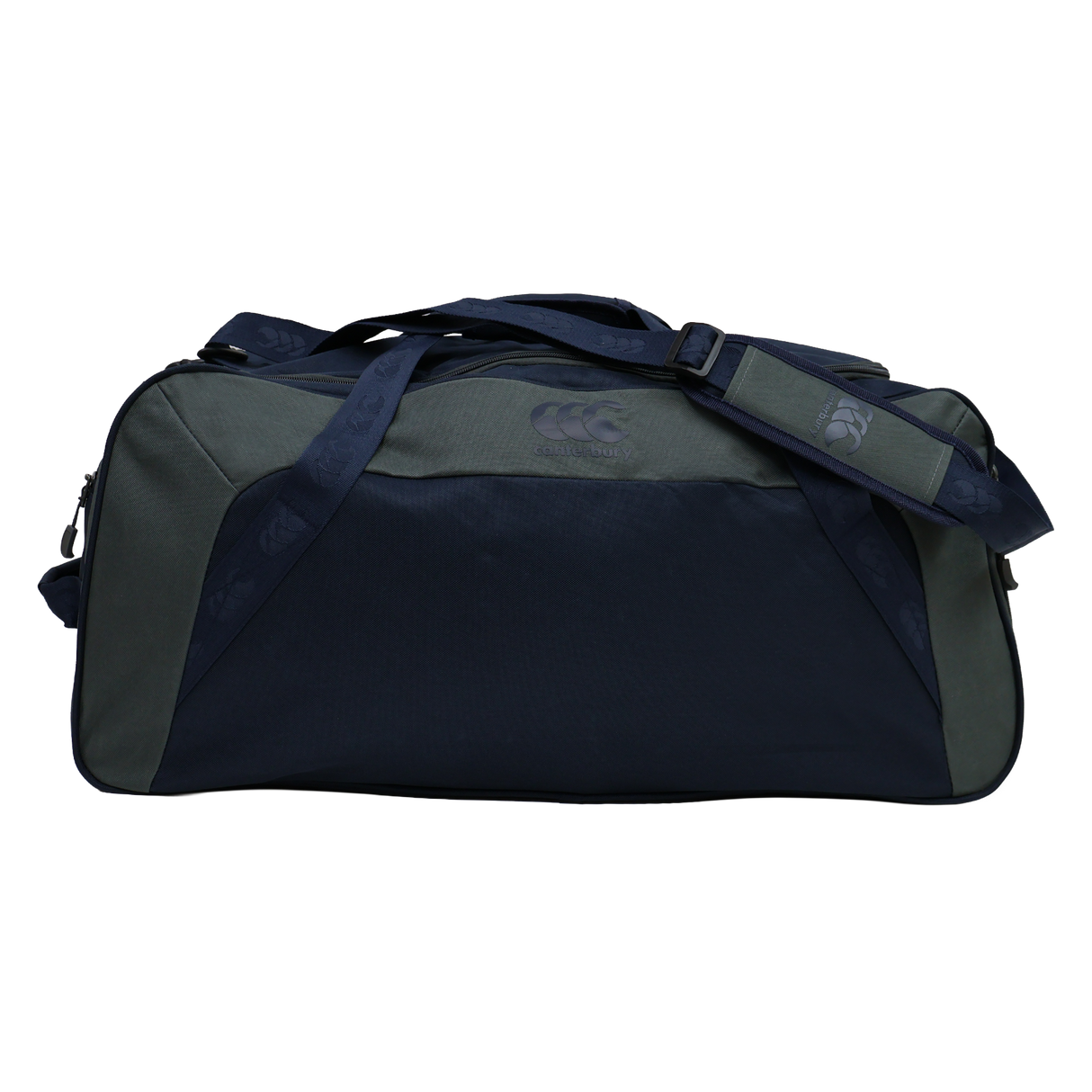 The Canterbury Holdall Duffle Bag by Canterbury, shown in dark blue and gray with a shoulder strap, features a water-repellent finish to protect your rugby essentials. Photographed against a plain white background.