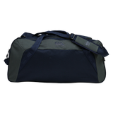 The Canterbury Holdall Duffle Bag by Canterbury, shown in dark blue and gray with a shoulder strap, features a water-repellent finish to protect your rugby essentials. Photographed against a plain white background.