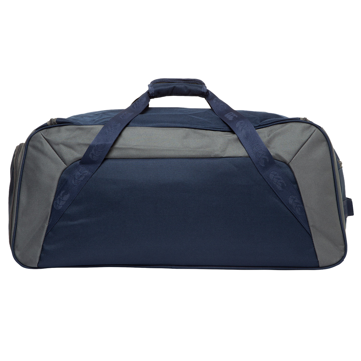 The Canterbury Holdall Duffle Bag by Canterbury features navy blue and gray panels, dark blue straps, a zippered main compartment, and water repellent fabric—ideal for rugby gear. Shown on a plain white background.