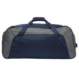 The Canterbury Holdall Duffle Bag by Canterbury features navy blue and gray panels, dark blue straps, a zippered main compartment, and water repellent fabric—ideal for rugby gear. Shown on a plain white background.
