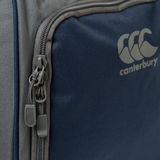 Close-up of the Canterbury Holdall Duffle Bag by Canterbury, showcasing water-repellent fabric, a zippered pocket with dual pulls, and the iconic logo—ideal for rugby fans.
