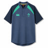 The Ireland 26 Poly Polo by Canterbury features a navy blue design with green accents, a buttoned collar, and embroidered chest logos—this timeless piece from Canterbury is inspired by classic Ireland rugby polos for an authentic athletic style.
