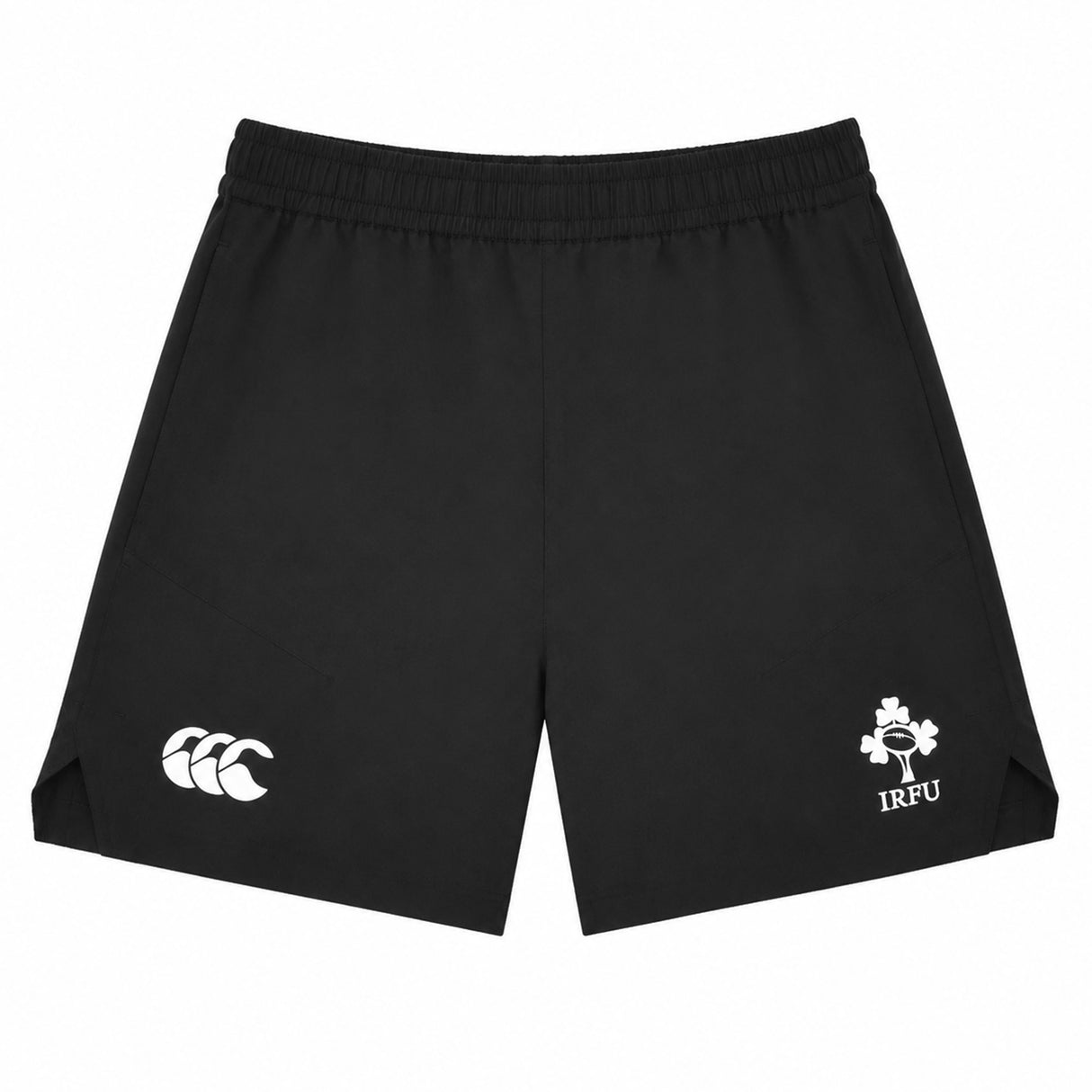 The Ireland 26 5″ Woven Gym Short by Canterbury features a black design with an elastic waistband, accented by a white Canterbury (CCC) logo on the left leg and the IRFU crest on the right leg. Displayed against a white background, these gym shorts offer a comfortable fit with their 5-inch inseam, making them ideal for training sessions or everyday wear.
