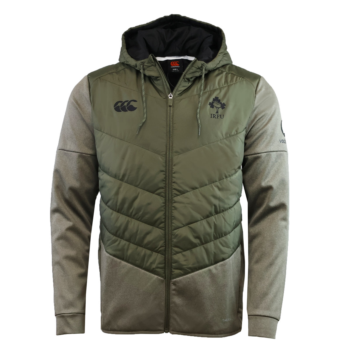 The Canterbury Ireland 25/26 Hybrid Padded Jacket features a quilted olive green front, grey sleeves and hood, IRFU and Canterbury chest logos, and ThermoReg technology for extra warmth in a stylish two-tone zip-up design.