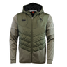 The Canterbury Ireland 25/26 Hybrid Padded Jacket features a quilted olive green front, grey sleeves and hood, IRFU and Canterbury chest logos, and ThermoReg technology for extra warmth in a stylish two-tone zip-up design.